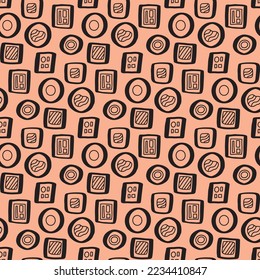 hand drawn abstract geometric sushi doodle Stylized seamless pattern background. Asian food backdrop, wallpaper, print. repeat texture.