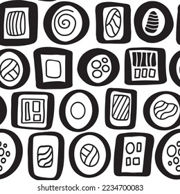 hand drawn abstract geometric sushi doodle Stylized seamless pattern background. Asian food black and white backdrop, wallpaper, print. repeat texture.