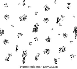 Hand drawn abstract graphic background floral decor and dancer. Silhouettes seamless pattern. Art illustration original graphic pattern imitation of painting with brush and ink. Black template 