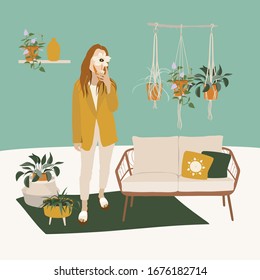 Hand drawn abstract graphic cartoon flat illustrations with girl in living room. Bright background. Modern apartment. Boho interior. Vector illustration.