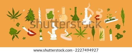 Hand drawn abstract graphic clip art illustration of Medical Marijuana, smoking accessories set.Glass bong for smoking weed.Cannabis and weed legalization concept design.Trendy vector illustration.