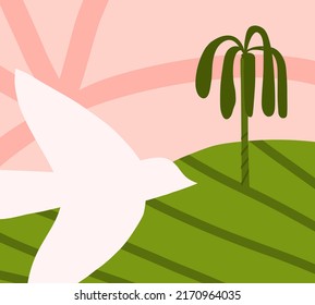 Hand drawn abstract graphic clipart illustration vector background poster print of composition with abstract garden nature shapes,tropical landscape panorama with flying bird.Modern botanical design.