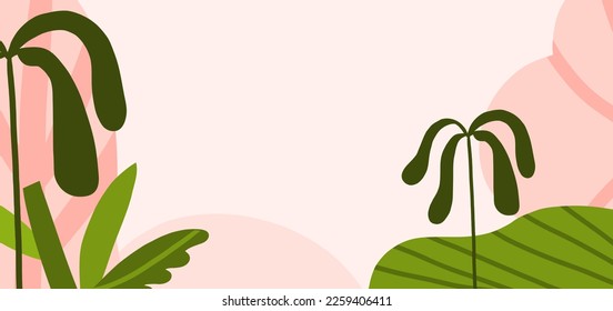 Hand drawn abstract graphic clipart illustration vector background banner of composition with abstract spring landscape nature,tropical landscape panorama with copy space.Modern botanical design.