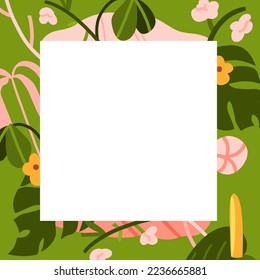 Hand drawn abstract graphic illustration vector background border frame print of composition,abstract boho garden nature shape,blossom flower,leaves and berries.Modern botanical tropical design art.