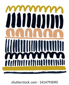 Hand drawn abstract graphic print or pattern in ink with lines, waves, U shapes, irregular geometric shapes in summer funky color palette and minimalist, Scandinavian inspired, or International Style 