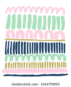 Hand drawn abstract graphic print or pattern in ink with lines, waves, U shapes, irregular geometric shapes in summer funky color palette and minimalist, Scandinavian inspired, or International Style 