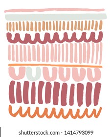 Hand drawn abstract graphic print or pattern in ink with lines, waves, U shapes, irregular geometric shapes in summer coral red palette and minimalist, Scandinavian inspired, or International Style 