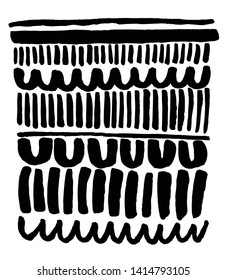 Hand drawn abstract graphic print or pattern in ink with lines, waves, U shapes, irregular geometric shapes in elegant black and white and minimalist, Scandinavian inspired, or International Style 