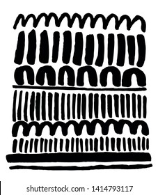 Hand drawn abstract graphic print or pattern in ink with lines, waves, U shapes, irregular geometric shapes in elegant black and white and minimalist, Scandinavian inspired, or International Style 