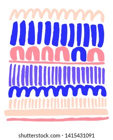 Hand drawn abstract graphic print or pattern in ink with lines, waves, U shapes, irregular geometric shapes in summer funky color palette and minimalist, Scandinavian inspired, or International Style 