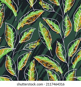 Patrón de hojas verdes abstractas dibujadas a mano sin fisuras con silueta de arte de línea. Adecuado para medios de comunicación de fondo como el textil, la ropa, los carteles, las portadas y otras industrias.