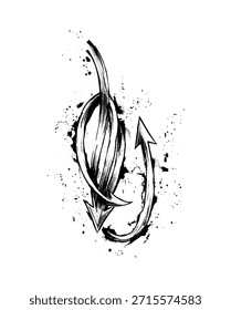 Diseño abstracto del tatuaje de la flecha del grunge dibujado a mano con el sombreado de la puntilla y las salpicaduras de la tinta. Ilustración de cola de diablo tribal en blanco y negro o gancho en estilo de grabado vintage. Patrón de Vector