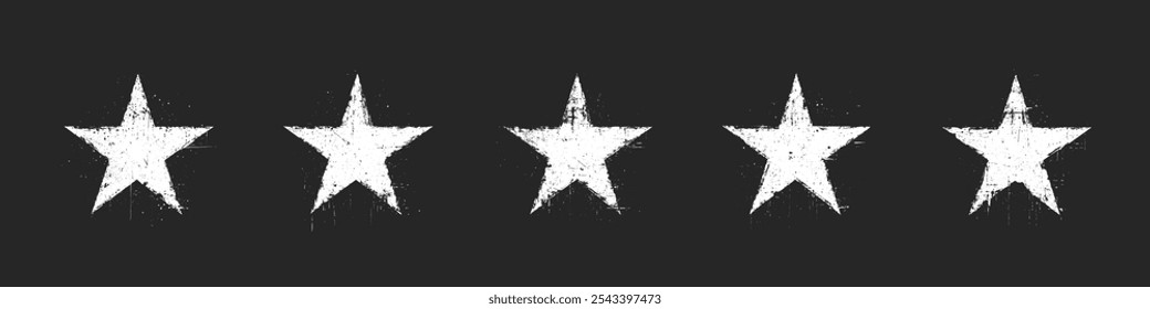 Mão Desenhada Abstrata Grunge Preto Estrelas Vetor Conjunto Isolado No Fundo Preto. Formas em forma de estrela de cinco pontas desenhadas à mão Grungy Style com Spatter Clip Art Bundle. Ilustração Artística de Classificação 5 Estrelas