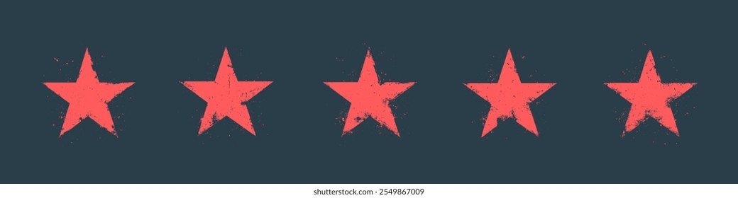 Hand Drawn Abstract Grunge Red Stars Vector Set Isolated On Dark Backdrop. Handdrawn Grungy Style Five Pointed Star Shaped Forms with Spatter Clip Art Bundle. 5 Stars Rating Artistic Illustration