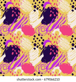 Hand drawn abstract grunge vector seamless pattern. Background painted with ink. Yellow pink violet white color. Grange and school style for kid, children, teen. Bright and summer