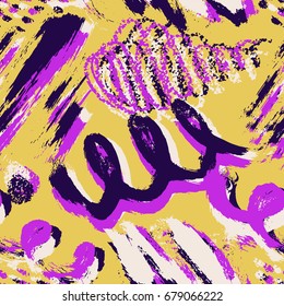 Hand drawn abstract grunge vector seamless pattern. Background painted with ink. Yellow pink violet white color. Grange and school style for kid, children, teen. Bright and summer