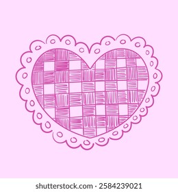 Hand drawn abstract heart with checkered embroidery and lace. Line art valentine's day design. Coquette doodle drawing. Vector graphic