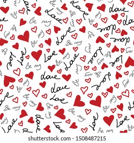Hand Drawn Abstract Hearts and ''Be My Love'' Text Seamless Vector Pattern Isolated Background 