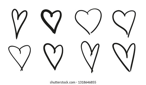 Hand drawn abstract hearts on isolated white background. Unique signs for design. Black and white illustration. Sketchy elements for design