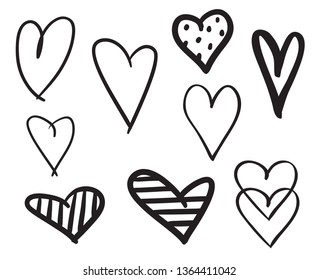 Hand drawn abstract hearts on white background. Set of love signs. Unique illustration for design. Line art creation. Black and white illustration. Elements for design