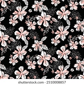 Hand drawn abstract hibiscus flowers floral illustration dark background seamless pattern repeat print textile fabric clothing vector artwork