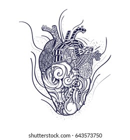 Hand Drawn. Abstract Human Heart. Sketch Anatomical Vector Illustration Isolated On Background. Graphic Design.