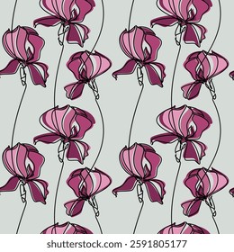 Hand drawn abstract  illustration. Pink flower seamless pattern vector. Outline botanical backdrop. Line continuous wallpaper, cartoon background, fabric, textile, minimal print, package design