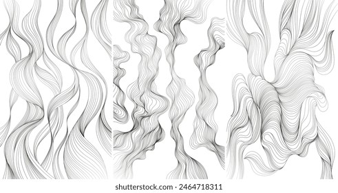 Hand drawn abstract illustration with wavy lines and curves collection. Isolated smoke on white background set.
