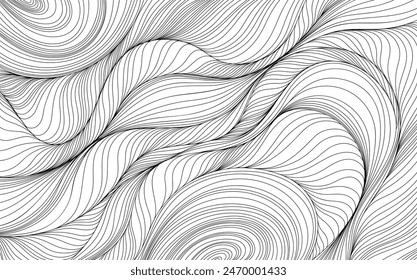 Hand drawn abstract illustration with wavy black curvy lines. Isolated smoke on white background for wallpaper or background.