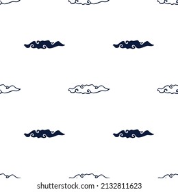 Hand drawn abstract indigo clouds in rows on a white background. Seamless repeat vector pattern. Japanese style. Great for fashion, textiles, surface textures, giftwrap, wallpaper.