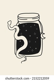 Hand drawn abstract jar with the Moon in modern, trendy colors, taro cards and boho concept, minimalism art