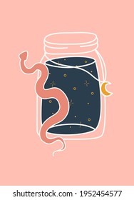 Hand drawn abstract jar with snake in modern, trendy colors, taro cards and boho concept, minimalism art.