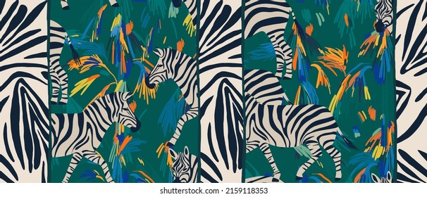 Hand drawn abstract jungle collage pattern with zebras. Artistic vintage style print. Fashionable template for design.