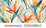 Hand drawn abstract jungle pattern with strelitzia or bird of paradise flowers. Creative collage contemporary pattern. Natural colors. Fashionable template for design