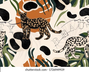 Hand drawn abstract jungle pattern with leopards. Creative collage contemporary seamless pattern. Natural colors. Fashionable template for design. Text "WILD BEAUTY".