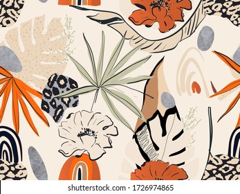 Hand drawn abstract jungle pattern with leopard print. Creative collage contemporary seamless pattern. Natural colors. Fashionable template for design.