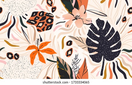 Hand drawn abstract jungle pattern with leopard print. Creative collage contemporary seamless pattern. Natural colors. Fashionable template for design.