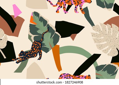 Hand drawn abstract jungle pattern with leopards. Creative collage contemporary seamless pattern. Natural colors. Fashionable template for design.