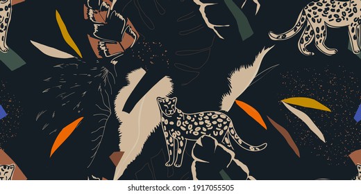 Hand drawn abstract jungle pattern with leopards. Creative collage contemporary seamless pattern. Fashionable template for design.