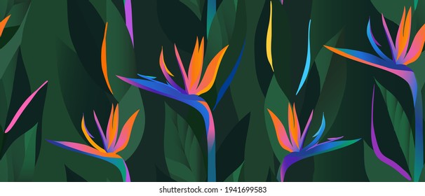 Hand drawn abstract jungle pattern with strelitzia flower. Creative collage contemporary seamless pattern. Natural colors. Fashionable template for design.