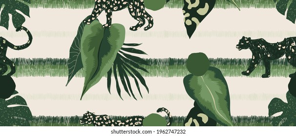 Hand drawn abstract jungle pattern with leopards. Creative collage contemporary seamless pattern. Fashionable template for design.