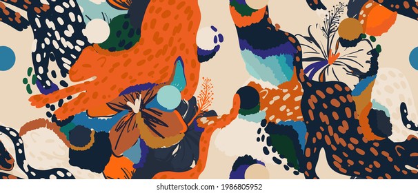 Hand drawn abstract jungle pattern with leopards. Creative collage contemporary seamless pattern. Fashionable template for design.