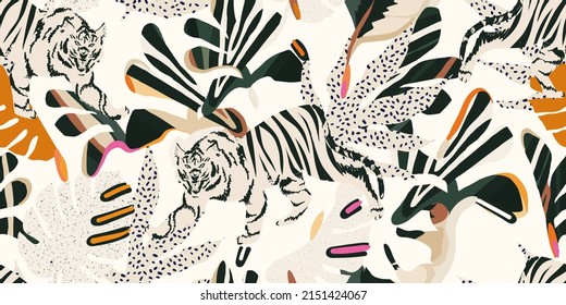 Patrón de jungla abstracta dibujado a mano con tigres. Collage artístico contemporáneo sin fisuras. Plantilla de diseño de moda.