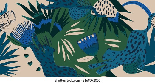 Hand drawn abstract jungle pattern with leopards. Ethnic style collage contemporary seamless pattern. Fashionable template for design.