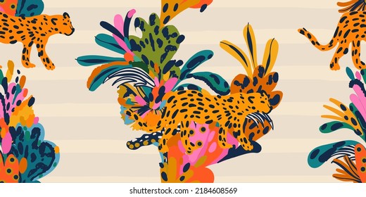 Hand drawn abstract jungle pattern with leopards. Creative collage contemporary seamless pattern. Fashionable template for design.