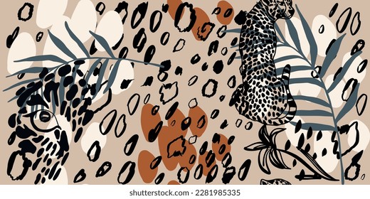 Hand drawn abstract jungle pattern with leopards. Creative collage contemporary seamless pattern. Fashionable template for design.