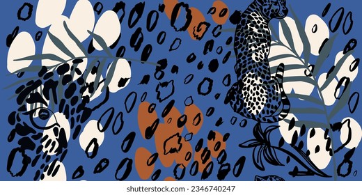 Hand drawn abstract jungle pattern with leopards. Creative collage contemporary seamless pattern. Fashionable template for design.
