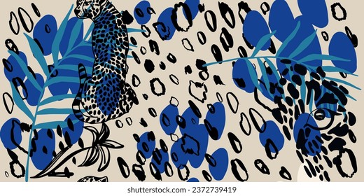 Patrón de jungla abstracta dibujado a mano con leopardos. Collage creativo contemporáneo sin fisuras. Plantilla de diseño de moda.
