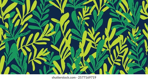 Hand drawn Abstract jungle tropical leaves pattern. bright green plants on a dark blue background. Collage contemporary print.