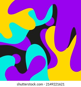 Hand drawn abstract lava shape. Decorative doodle lava pattern isolated on black background. Abstract elements, drops, doots, clots, syrup, treacle. Pink, violet, blue, yellow decorative elements